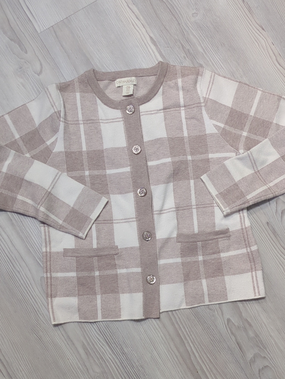 Cynthia Rowley Womens M Plaid Cardigan Sweater Beige Cream Button Front Preppy